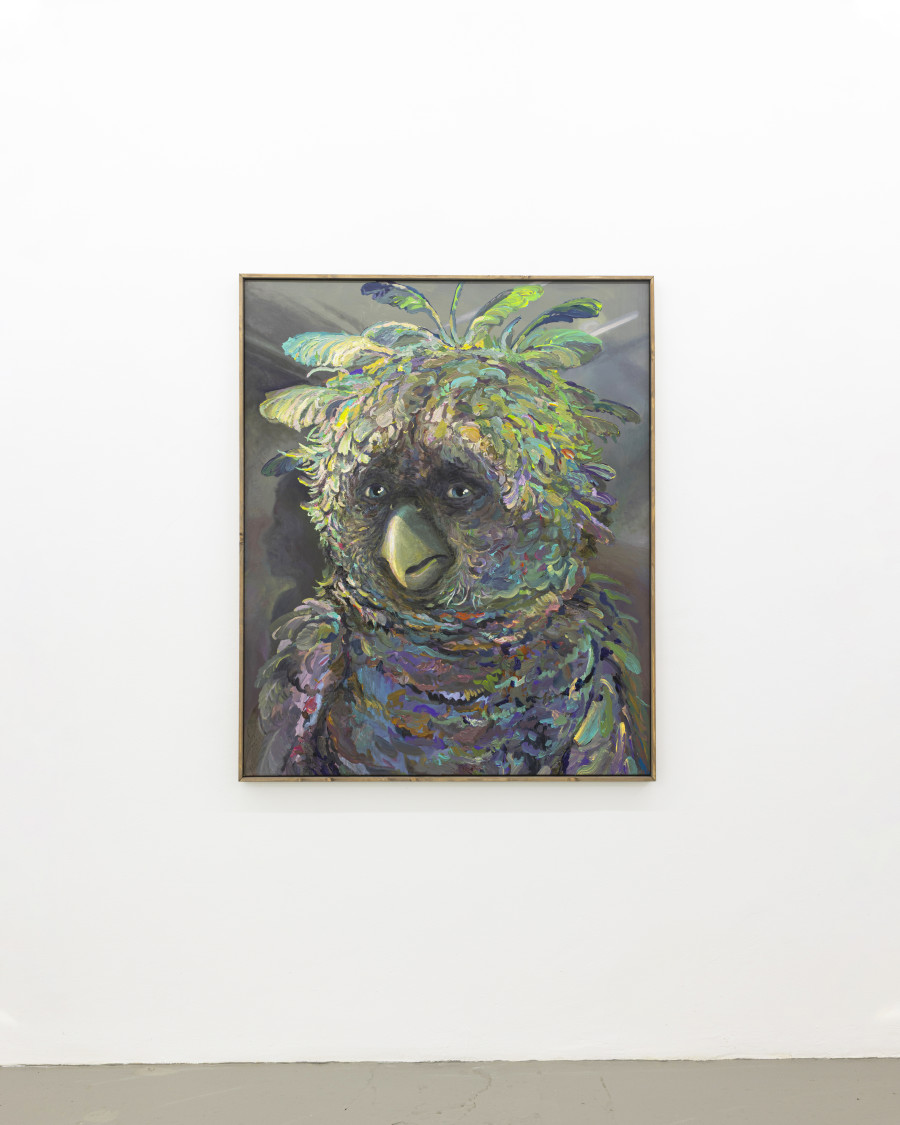 Michele Gabriele, “Portrait of a Parrot. An Unbothered, Sad, and Cringe Parrot. Indifferent to its Context.”, from the Solo Show “Brambora” at Kaly Gallery, Lucerne, CH, Acrylic on canvas, artist frame, 51 1/8 x 42 1/8 in, 130 x 107 cm, 2025. Courtesy of the Artist and Kali Gallery. Photo by Kim da Motta