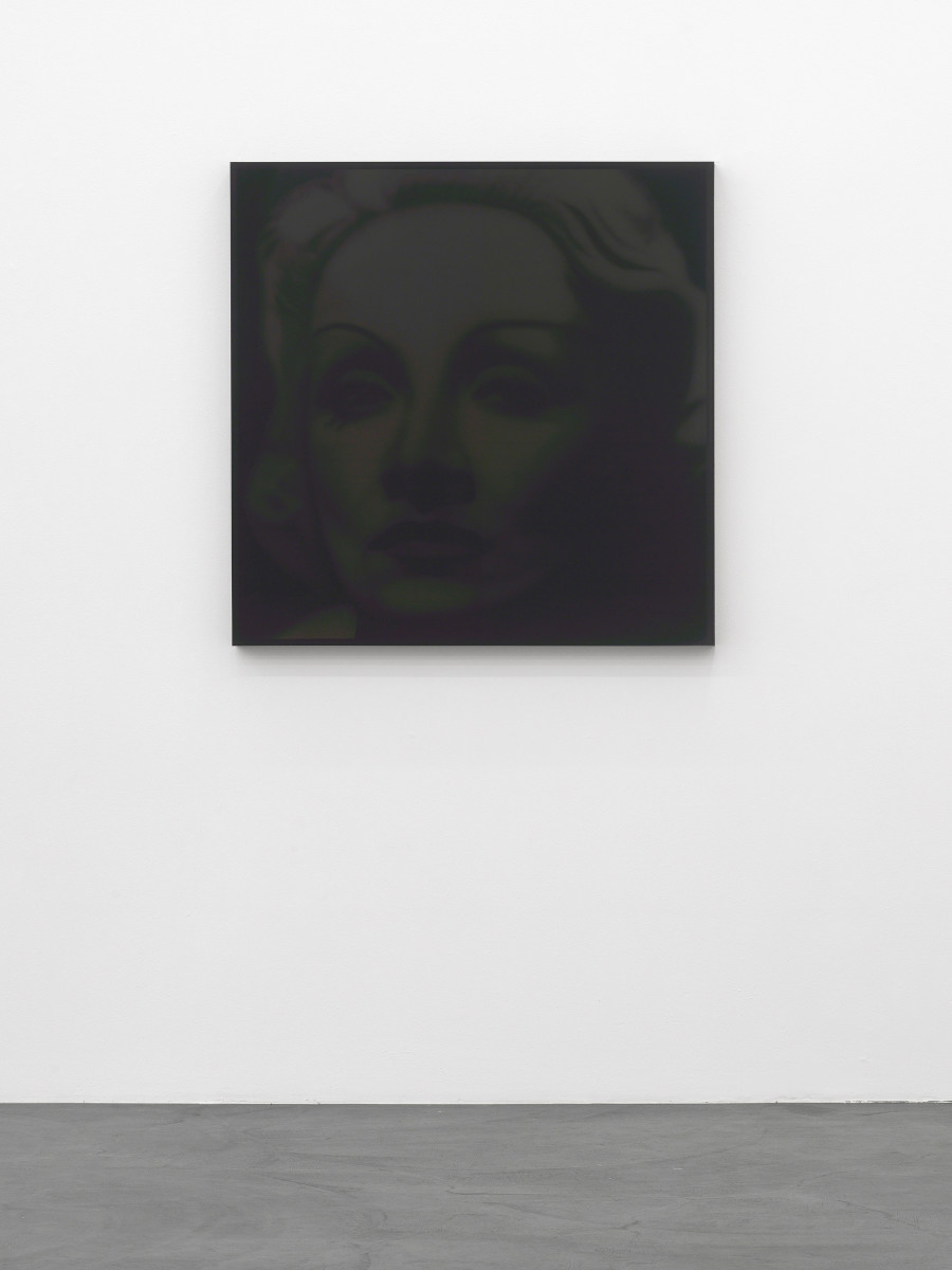 Lutz Bacher, Marlene, 2018, Acrylic on canvas, framed in black plexiglass, 122 x 122 x 7.5 cm