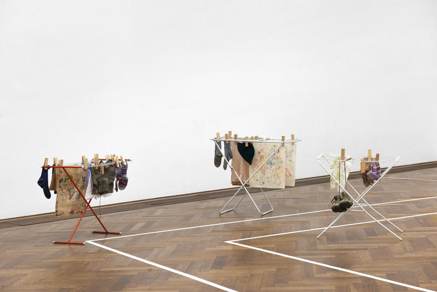 Installation view, Situation 1 und andere, Kunsthalle Basel, 2020, view f.l.t.r. on Isadora Vogt, Kleiderständer 2, Kleiderständer 1, Kleiderständer 3, alle 2020. Photo: Philipp Hänger / Kunsthalle Basel
